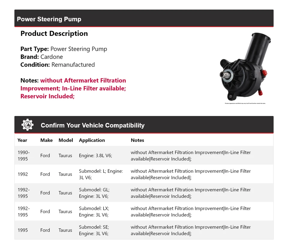 Bomba de dirección asistida Cardone para Ford Taurus 1990-1995 1991 1992 1993 1994 Foto 2 de 4