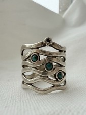 Israel 925 Sterling Silver Turquoise Wide Multi Band Ring Artisan Modernist