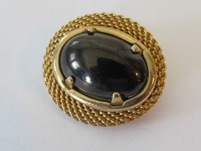 Vintage Artisan Polished Anthracite Black Coal Gold Tone Brooch Pin B5