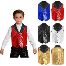 US Kids Boys Sleeveless Sequin Vest Jacket Dance Top Button Down Lapel Waistcoat