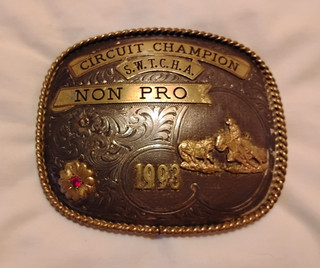 Vintage Trophy Buckle cutting horse with red stone