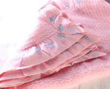 VTG Pink Baby Blanket Acrylic Thermal Weave Satin Nylon Trim Puppy Kitty Lovey