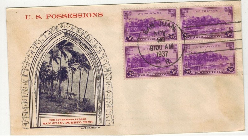 1937 PUERTO RICO 801-6 FDC BY GRANDY RED/PURPLE VARIETY BLOCK OF 4 BULLSEYE CXL
