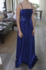 Blue Glitter Satin Long Gown with Straps, Square Neck, Formal Party Dress