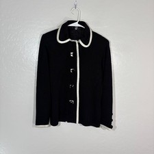 St John Black White Sweater Jacket Womens 10 Contrast Trim Buttons Made USA