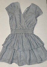 American Eagle Blue Striped Mini Dress Womens Sz M Linen Blend Tiered Ruffles