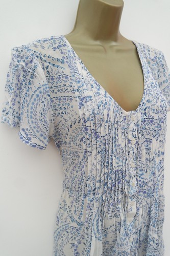 MONSOON WHITE BLUE FLORAL PINTUCK PLEATED DETAIL BLOUSE TOP SIZE 14 BUTTON FRONT - Picture 3 of 4