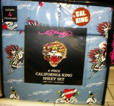 NEWinPKG 6-pc ED HARDY CAL-KING BLUE LOVE KILLS SKULLS SHEETS/PILLOWCASES SET