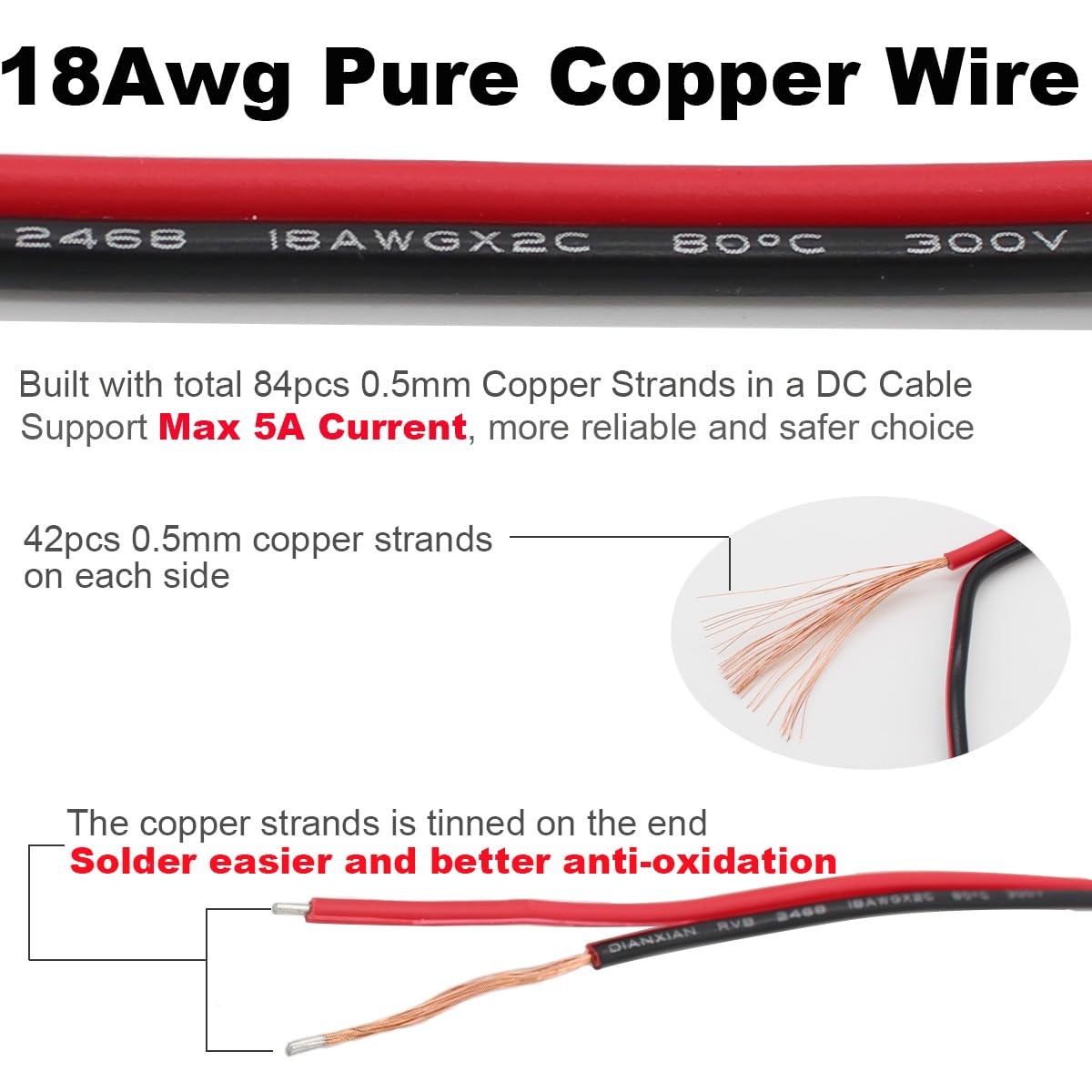 exgoofit 12V 5A DC Power Pigtail Barrel Plug Connector Cable 5 Pairs, 2.1mm x...