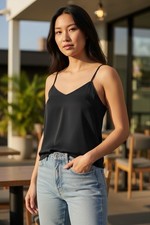 Women s Black Solid Camisole Tank Top with Adjustable Straps, Size L