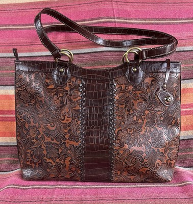 Coldwater Creek Brown Purse Tote Bag Handbag Floral Embossed  Reptile EUC