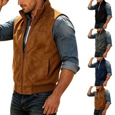 Suede-Like Vest for Men Sleeveless Casual Wear Stand Collar Zippered Front