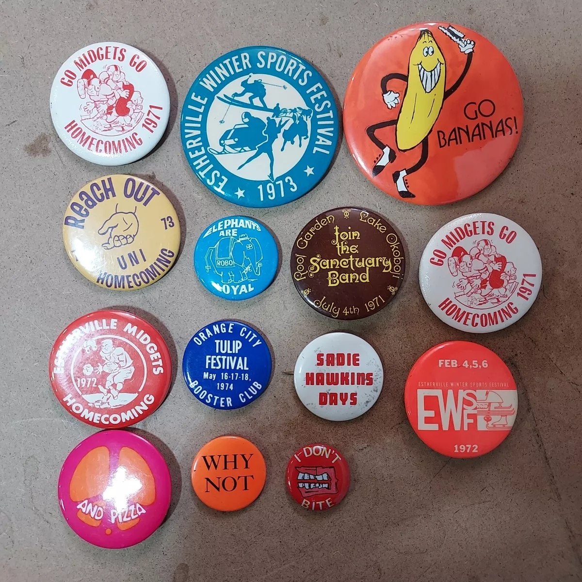 Vintage Pins Lot of 14: Funny Novelty Pin Back Buttons Quotes sports events