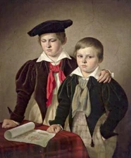 High Quality Art Handpainted Oil Painting boys brother together by table