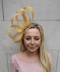 Mustard Yellow Gold Diamante Sinamay Hair Fascinator Races Wedding