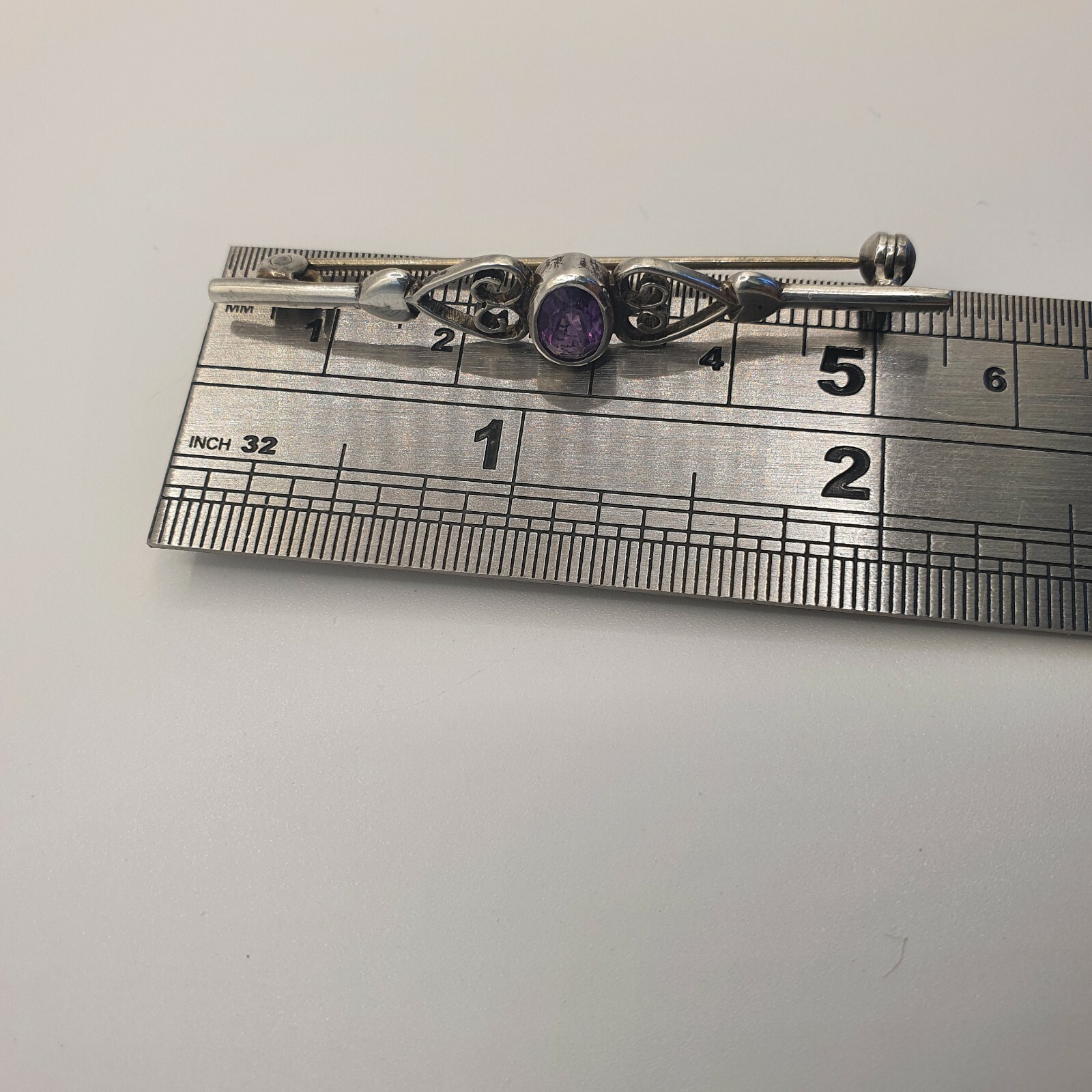 Photo 7 of Sterling Silver Amethyst Brooch 54mm 3gram, Br22