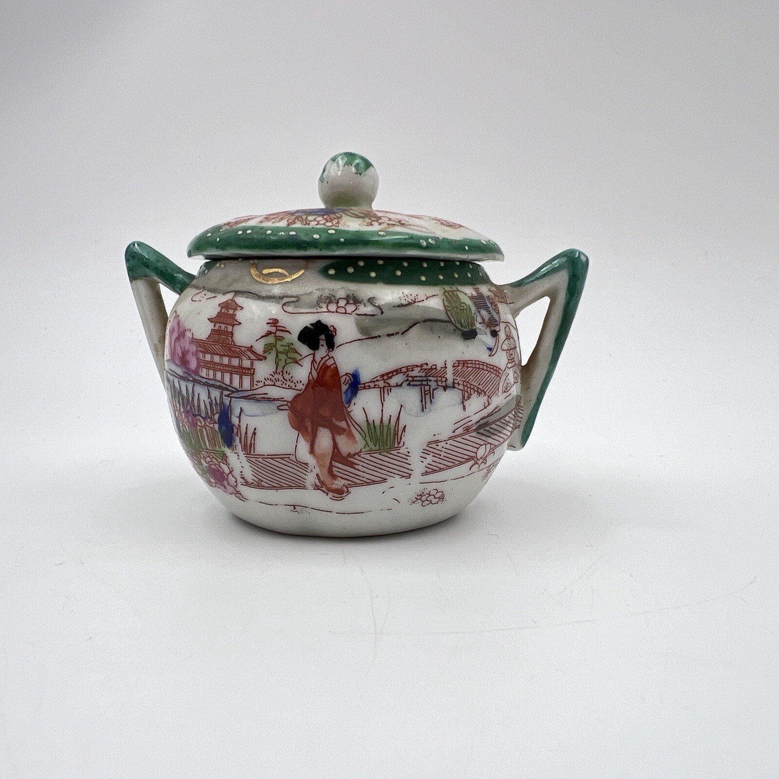 Hand Painted Japan China River Scene Set Of 2 Dishes Creamer Sugar Small Bowl