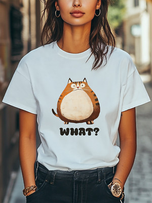 Fat Cat ''What?'' Funny Graphic T-Shirt Unisex Men Women Trendy Casual T-shirt