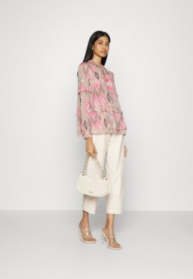 $400 | NWT | Marc Cain Boho Long Sleeve Print Blouse Light Shirt Top Taupe L N5