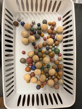 100 ANTIQUE VINTAGE CLAY MARBLES LOT MULTI COLORED, IRREGULAR SHAPES 15.23 OZ