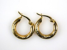 Beautiful European 14K Yellow Gold Engraved Small Hoop Earrings Jewelry