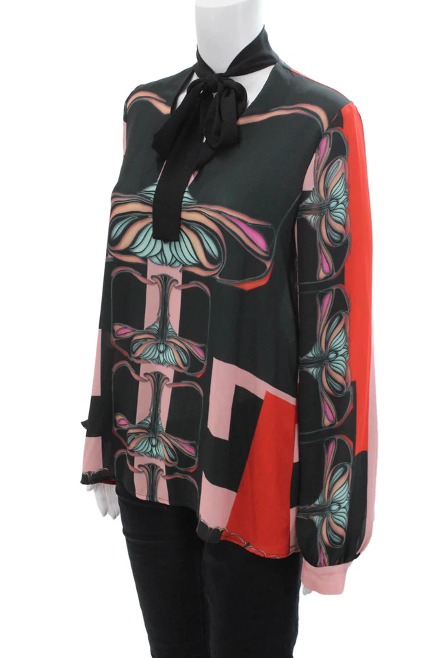 Blusa Top Clover Canyon Mujer Estampada Cuello Corbata Manga Larga Negra Multi Talla M Foto 2 de 4