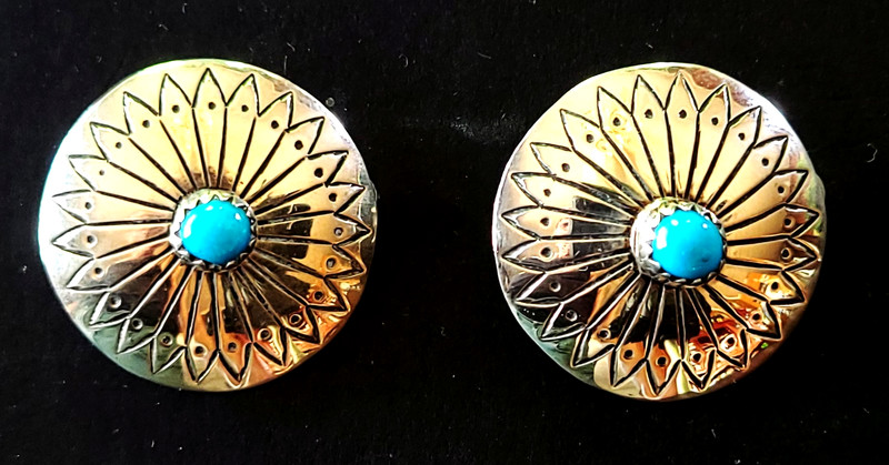 Sterling Silver Vintage Native American Turquoise Concho Clip On Earrings 1"