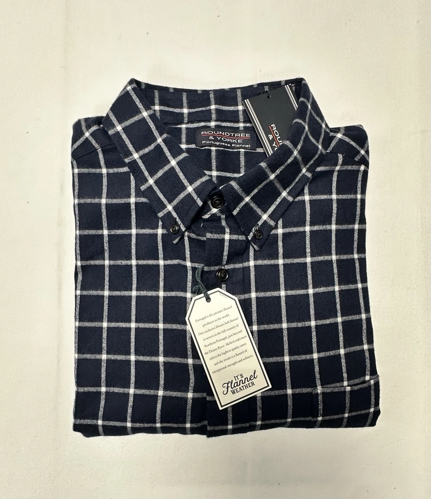 Roundtree Yorke Men Shirt 2XT Button Up Portuguese Flannel Cotton Navy Plaid