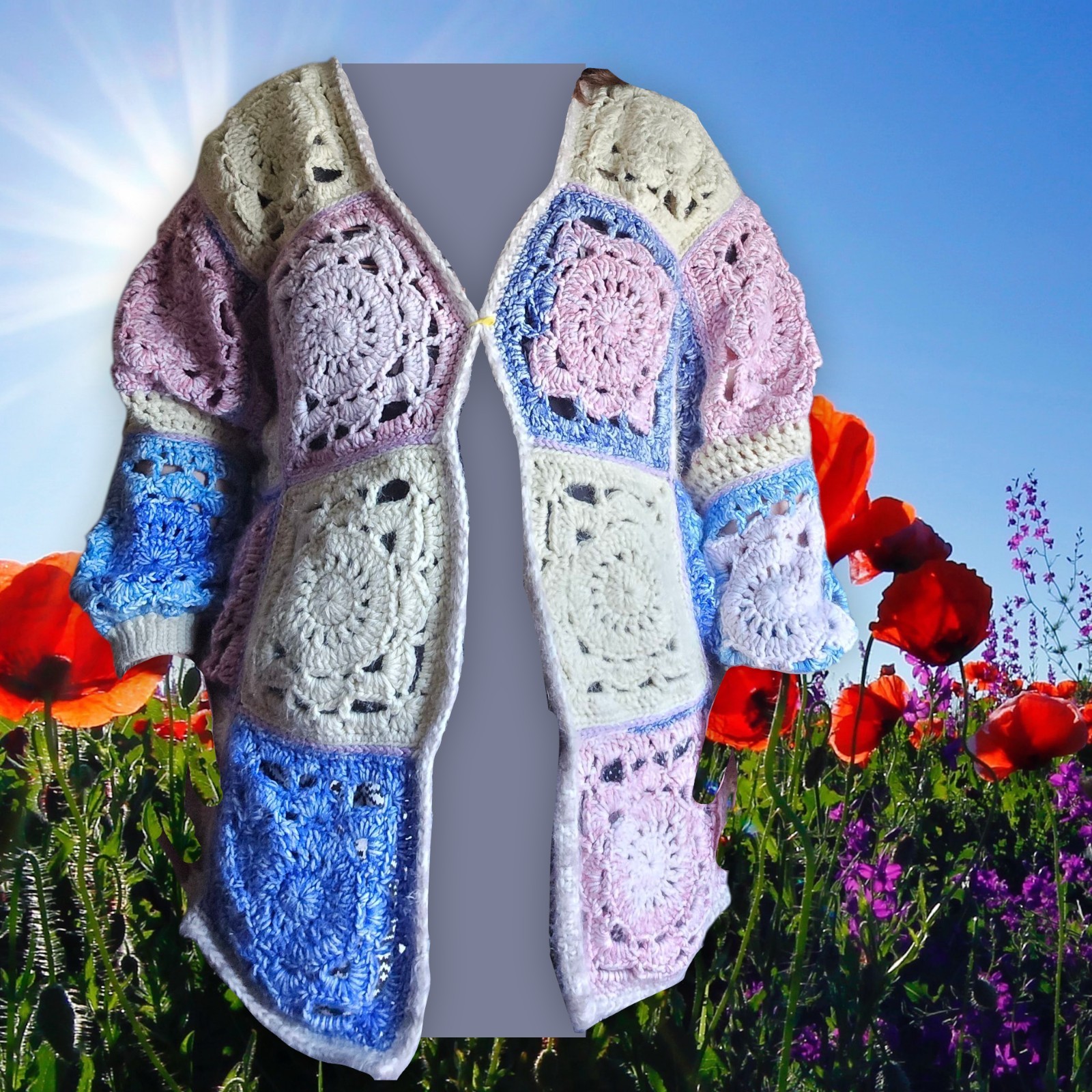 Handmade Crochet Patchwork Open Front Cardigan Ja… - image 1