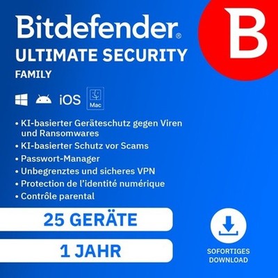 Bitdefender Ultimate Security Family / 25 Geräte / 1 Jahr / KEY (ESD)