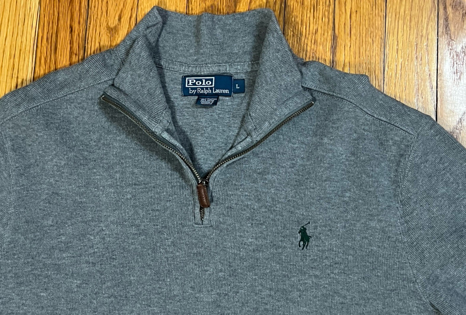 Maglione pullover vintage Polo Ralph Lauren grigio 1 4 zip verde pony uomo grande