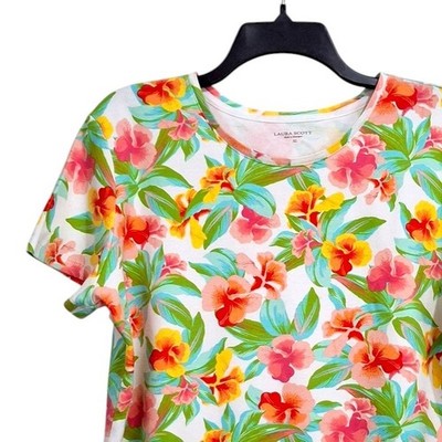 Laura Scott Top Womens XL Multicolor Crew Neck Tropical Hibiscus Floral T-Shirt