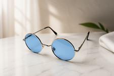 Round Blue Lens Sunglasses Gold Frame Retro Sunglasses Vintage Style Glasses, Jo