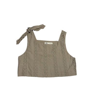Zara Women Taupe Eyelet Embroidered Tie Shoulder Crop Top Square Neck Khaki M