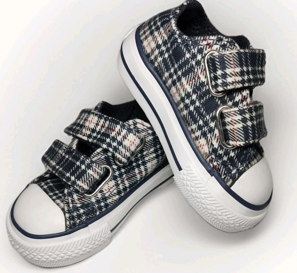 NUEVO Converse All Star Bebé Talla 2 Parte Superior Baja A Cuadros Chuck Taylor Marfil, Azul Marino, Rojo  Foto 2 de 4