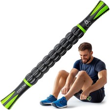 Muscle Roller Stick - Black Green - Body Massage Tool w/ 9 Rollers  Non-Slip Ha