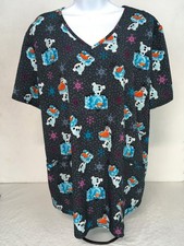Disney Frozen Scrub Top Women Size XL Blue White Olaf Pockets Short Sleeves