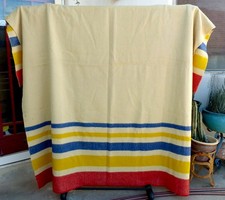 Vintage Wool Camp Blanket Unusual Stripe Layout Red Yellow Blue No Label 72"x88"