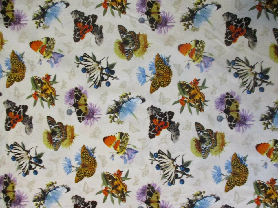 Mariposa Libélula Flores Mariposas Realistas Crema Algodón Tela BTHY Foto 3 de 4