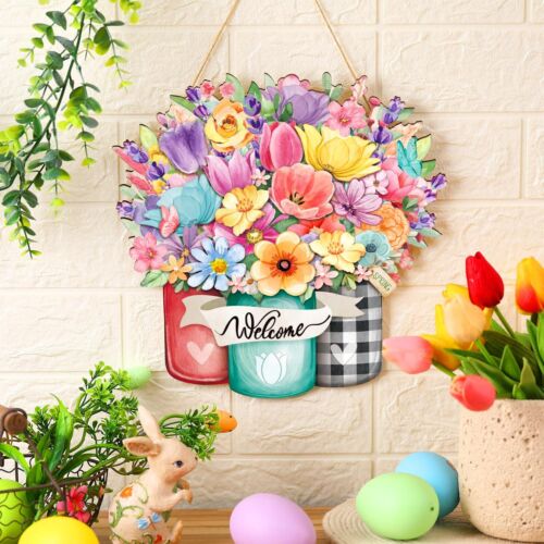Spring Decorations Colorful Flowers Welcome Door Wall Hanging Wooden Sign Gift - Picture 7 of 12