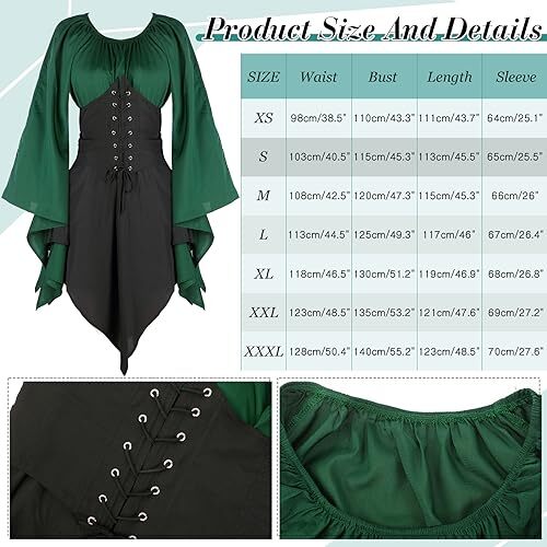 4 Pcs Women Elf Costume Renaissance Traditional Irish 2X-Large Green, Black - Picture 2 of 7