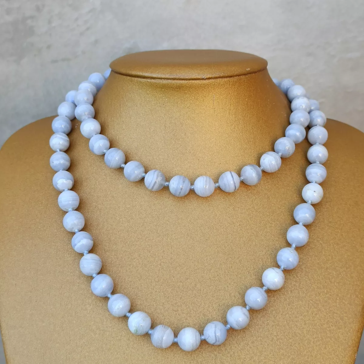 Natural Blue Lace Agate Necklace Marble Long Knotted Stress Relief