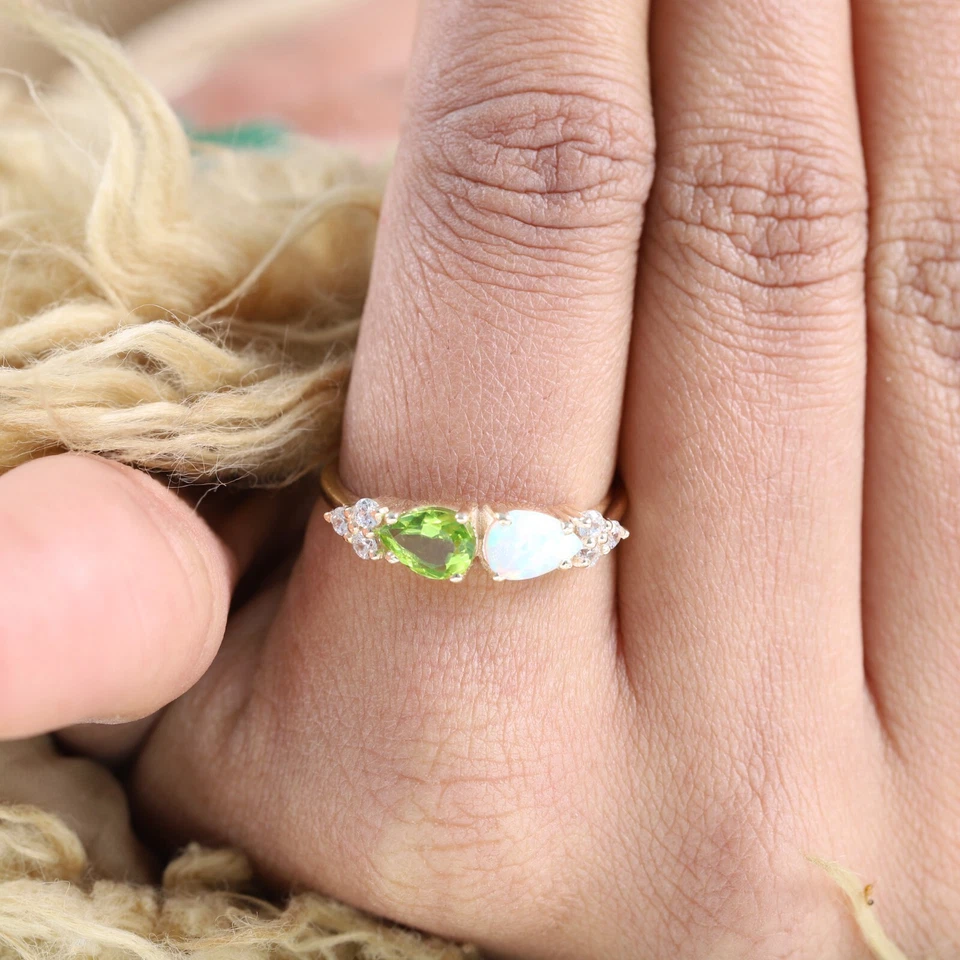 9k Solid Gold 5x3MM Pear Shape Natural Peridot Ring Fire Opal Promise Ring - Image 4 of 4
