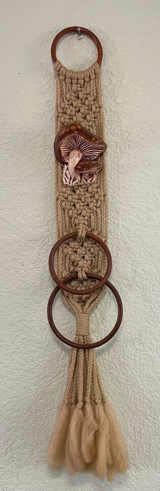 Macrame Kitchen Hanging Towel Holder Ring Mushroom Decor Fringe 26” Vintage MCM