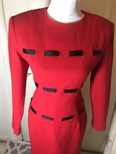 Womens Red Wool Sheath Dress (SZ 8) Black Trim L/S Fully Lined Zipper -OBERON