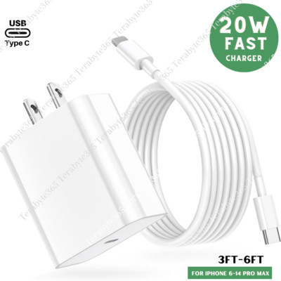 For iPhone 14/13 Pro Max/12/11/XR USB-C Fast Charger 20W PD Cable Power Adapter