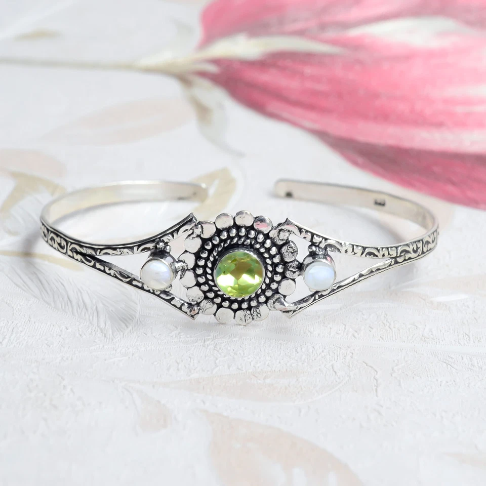 Faceted Peridot & Moonstone Gemstone 925 Sterling Silver Bangle Girl's Love - Image 3 of 4