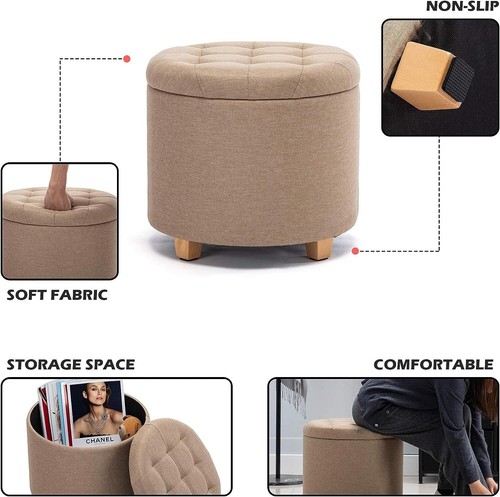 HNNHOME 45cm Round Linen Ottoman Storage Stool Box, Footstool Pouffe - Picture 5 of 12
