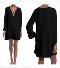 ASTR The Label Dress Small 4 Black Mini Long Sleeve Deep v Neck Sexy Elegant