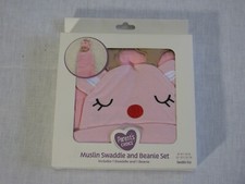 NEW Parent's Choice Pink Reindeer Muslin Swaddle and Beanie Set, 40 x 40" r